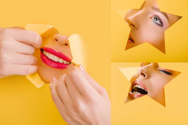 Collage of beautiful woman with shiny makeup in paper star shaped and torn hole isolated on yellow — Stock Photo