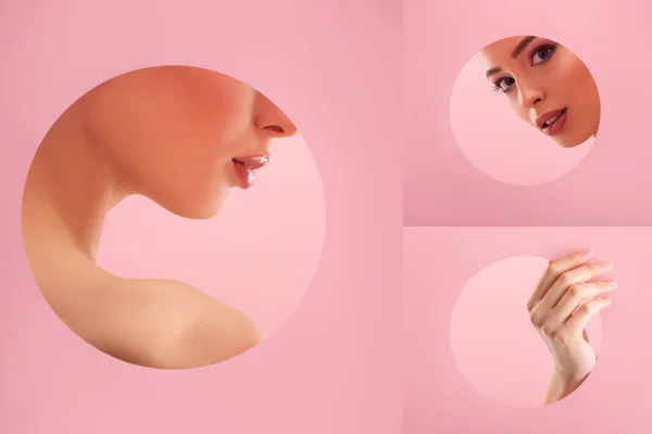 Collage of beautiful woman with shiny makeup in paper round hole isolated on pink — Stock Photo