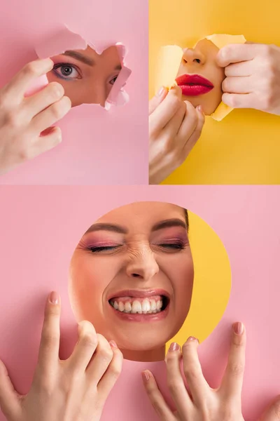 Collage de hermosa mujer con maquillaje brillante en papel redondo y agujero roto en rosa, fondo amarillo - foto de stock