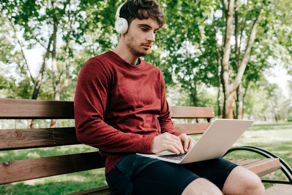 Guapo freelancer en auriculares con portátil en el banco en el parque - foto de stock