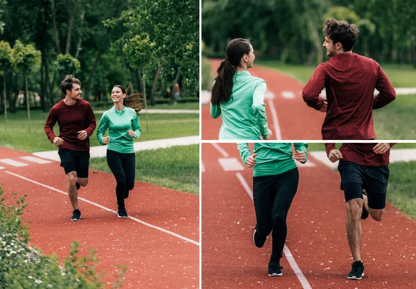 Collage de pareja sonriente corriendo juntos en camino de carrera en el parque - foto de stock