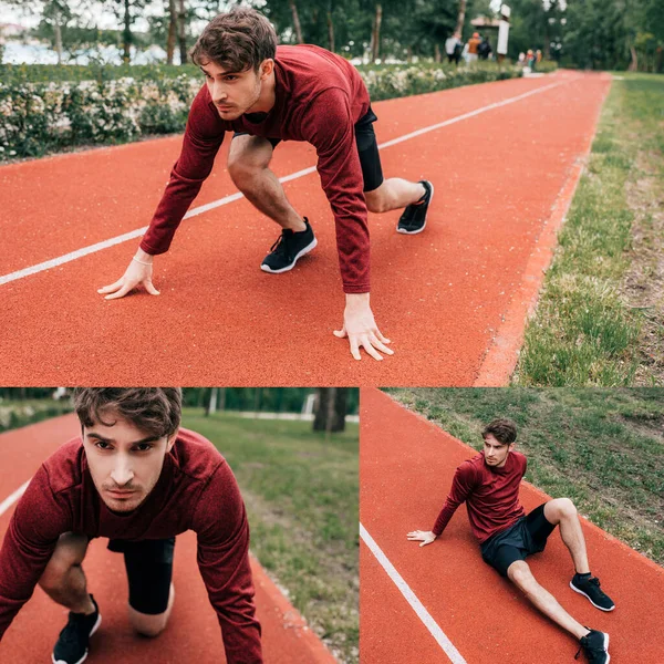 Collage de hombre guapo de pie en posición inicial y sentado en pista de atletismo en el parque - foto de stock