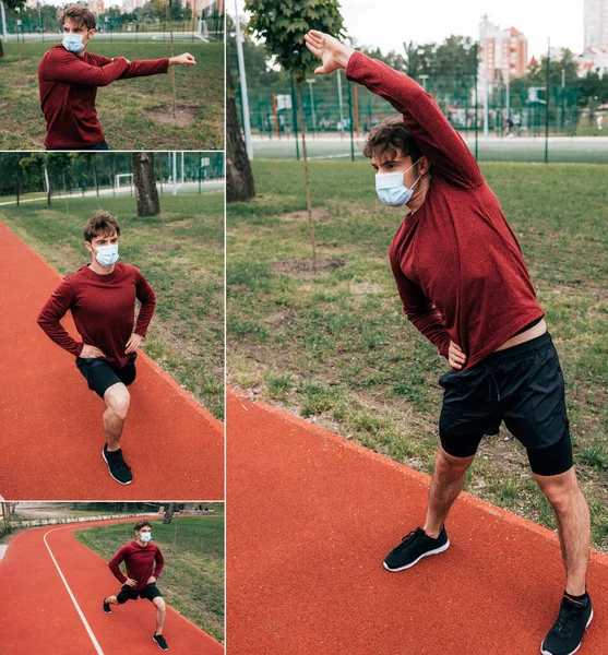 Collage of man in medical mask training on running track in park — Stock Photo