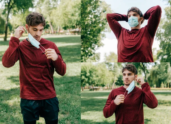 Collage of man holding medical mask while exercising in park — Stock Photo