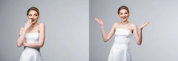 Collage of emotional bride in white wedding dress gesturing isolated on grey — Stock Photo