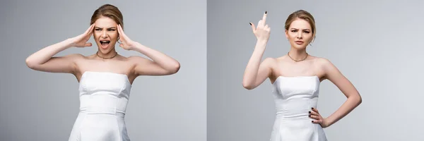 Collage of bride in white wedding dress showing middle finger and screaming isolated on grey — Stock Photo