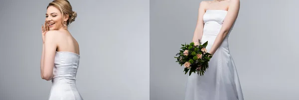 Collage de novia en vestido blanco riendo y sosteniendo ramo de boda aislado en gris - foto de stock