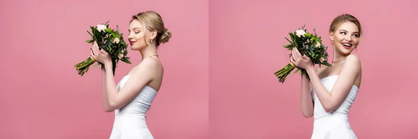 Collage de novia feliz en vestido de novia blanco oliendo flores aisladas en rosa - foto de stock