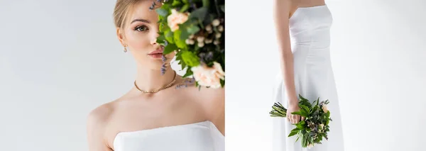 Колаж нареченої в елегантній весільній сукні, що тримає квіти ізольовані на білому — стокове фото