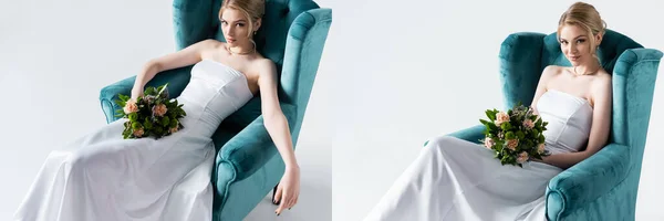 Collage de novia en elegante vestido de novia sosteniendo flores mientras está sentado en sillón en blanco - foto de stock