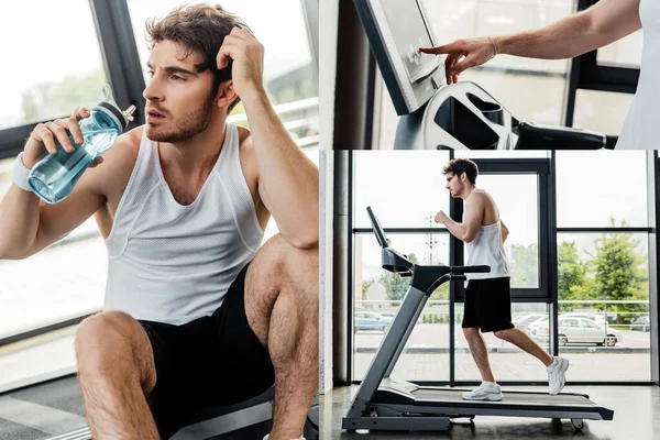 Collage du sportif pointant du doigt l'écran du capteur sur le tapis roulant, courant et tenant une bouteille de sport avec de l'eau dans la salle de gym — Photo de stock