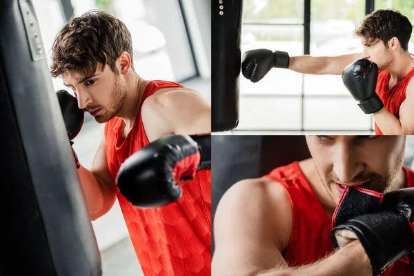 Коллаж спортсмена в спортивной одежде и боксерских перчатках с боксерской грушей в тренажерном зале — стоковое фото