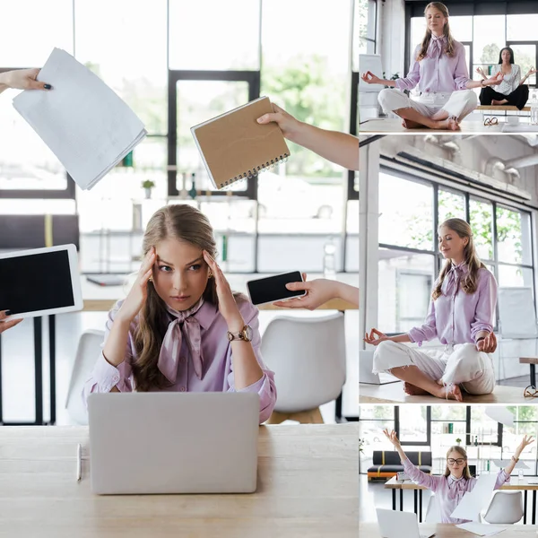 Collage di donna d'affari stressata seduta vicino a colleghi che tengono gadget con schermo bianco, meditano e si siedono in posa yoga con il collega — Foto stock