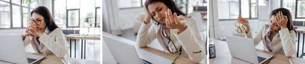 Colagem de empresária chateada no fone de ouvido segurando óculos perto de laptop no escritório — Fotografia de Stock