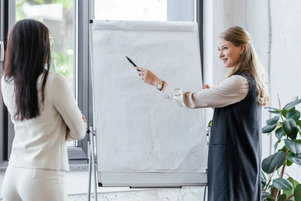 Attraktive Geschäftsfrau hält Filzstift in der Nähe von Flipchart und schaut Mitarbeiter an — Stockfoto