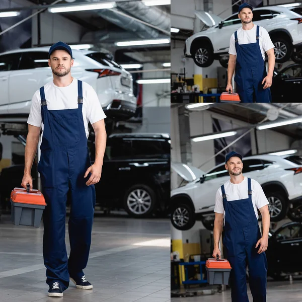 Collage de mécanicien heureux en uniforme et casquette marche avec boîte à outils dans le service de voiture — Photo de stock