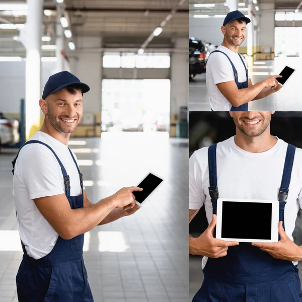 Коллаж счастливого механика в форме и кепке, указывающий пальцем на цифровой планшет с чистым экраном в автомобильном сервисе — стоковое фото