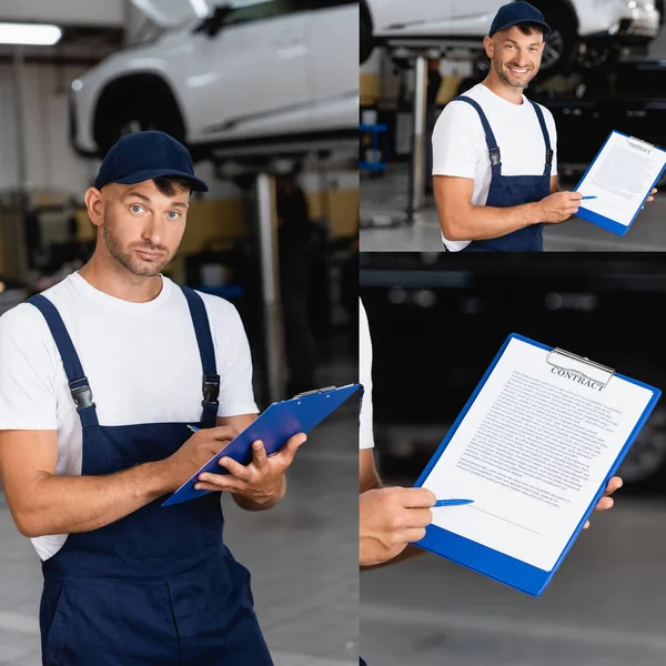 Collage of handsome mechanic in uniform and cap holding clipboard with contract and smiling in service center — Stock Photo