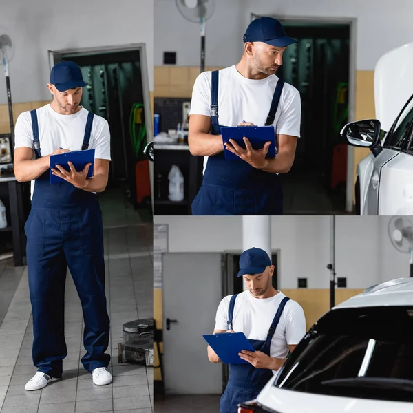 Collage of mechanic in uniform and cap holding clipboard and looking at car — Stock Photo