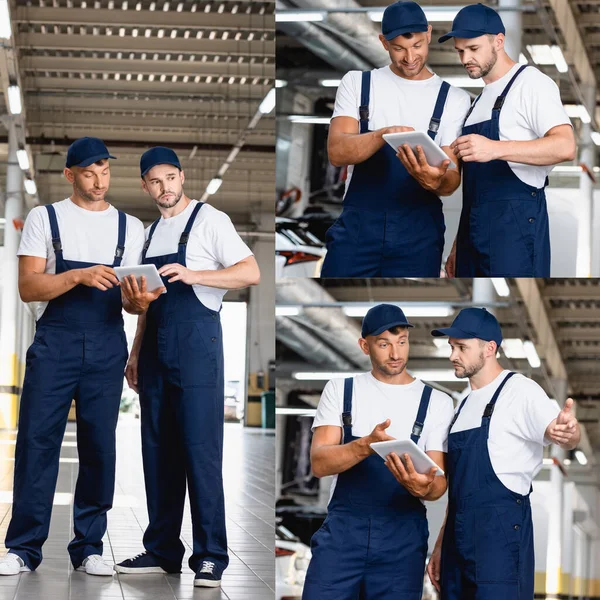 Collage de mécanique beau en uniforme regardant tablette numérique dans le service de voiture — Photo de stock