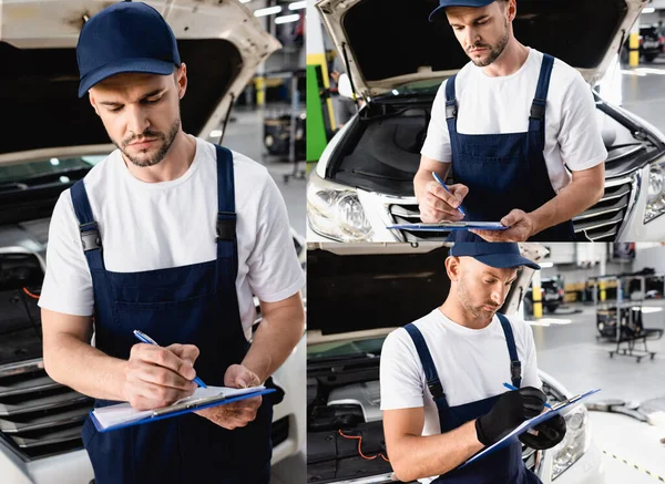 Collage de beaux mécaniciens en écriture uniforme tout en tenant des presse-papiers près des voitures — Photo de stock