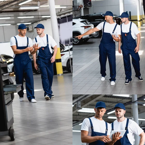 Collage of handsome mechanic in uniform looking at digital tablet, walking and pointing with finger near coworker in car service — Stock Photo