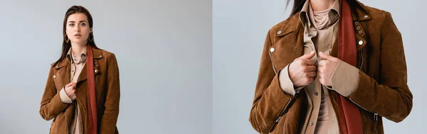 Collage of trendy, attractive girl touching suede jacket while posing isolated on grey, horizontal image — Stock Photo