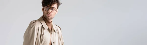 Prise de vue panoramique de l'homme élégant dans les lunettes détournant les yeux tout en posant isolé sur gris — Photo de stock