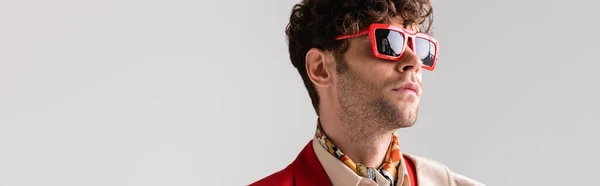 Panoramic shot of confident, stylish man in sunglasses looking away isolated on grey — Stock Photo