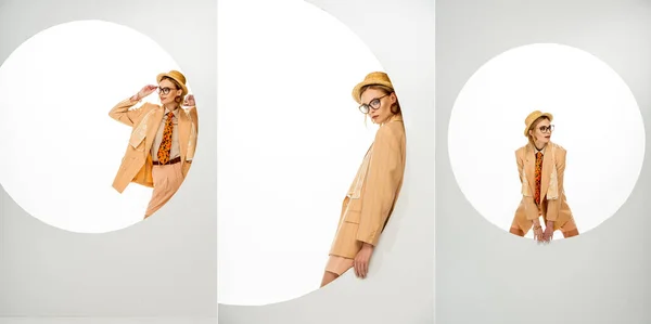 Collage of fashionable girl posing near round hole on white background — Stock Photo