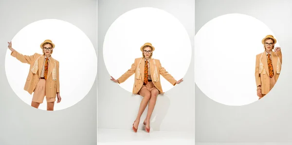 Collage of stylish model in beige blazer and straw hat posing beside round hole on white background — Stock Photo