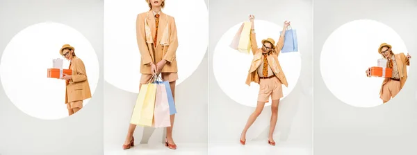 Collage de fille à la mode souriant tout en tenant des sacs à provisions et des boîtes-cadeaux près du cercle sur fond blanc — Photo de stock