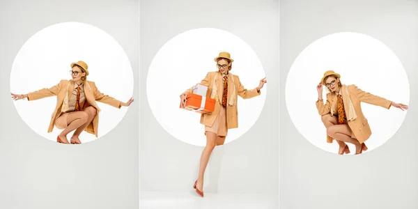 Colagem de sorrir e menina na moda segurando caixas de presente perto do círculo no fundo branco — Fotografia de Stock