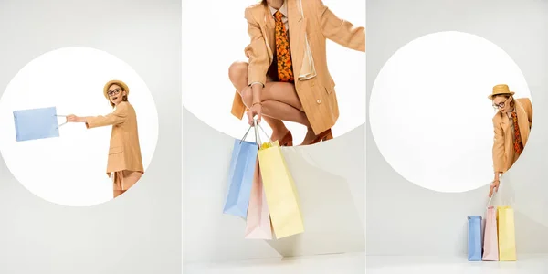 Collage de elegante modelo sosteniendo bolsas de compras cerca de agujero redondo sobre fondo blanco - foto de stock
