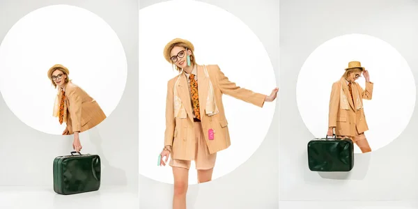Collage de femme souriante avec des étiquettes de prix sur les vêtements tenant sac de voyage près du cercle sur fond blanc — Photo de stock
