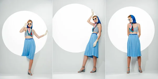 Collage de mujer joven y elegante posando cerca del círculo sobre fondo blanco - foto de stock