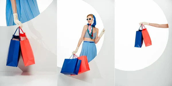Collage de chica elegante sosteniendo bolsas de compras rojas y azules al lado de agujero redondo sobre fondo blanco - foto de stock