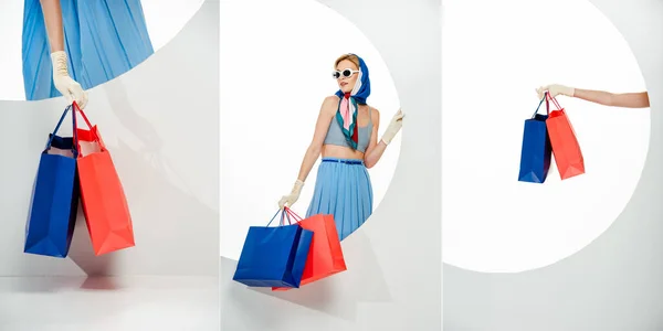 Collage of stylish girl holding red and blue shopping bags beside round hole on white background — Stock Photo