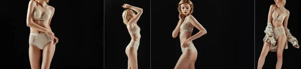 Collage di donna sexy in lingerie beige e camicia in posa isolata su nero — Foto stock