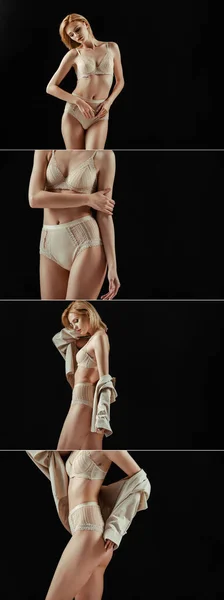Collage of beautiful young woman in beige lingerie and shirt posing isolated on black — Stock Photo