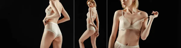 Collage of beautiful young woman in lingerie isolated on black — Stock Photo