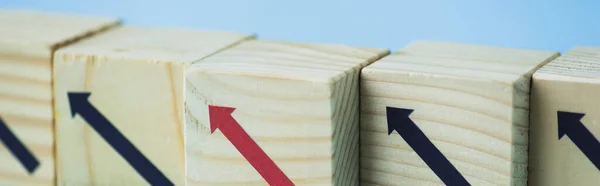 Close up view of wooden blocks with black and red arrows on blue background, leadership concept, panoramic shot — Stock Photo