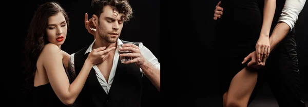 Colagem de mulher sexy tocando namorado com copo de uísque isolado em preto — Fotografia de Stock