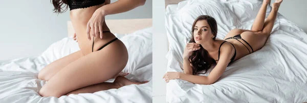 Collage di donna sexy in biancheria intima sul letto su sfondo bianco — Foto stock