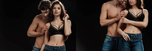 Collage of handsome shirtless man embracing girlfriend in bra isolated on black — Stock Photo
