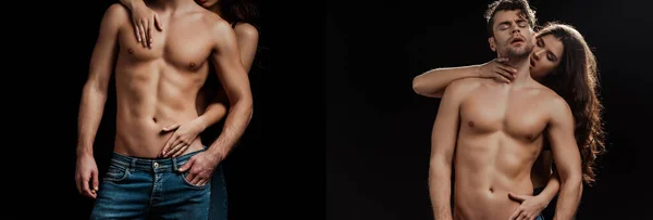 Колаж жінки, що обіймає без сорочки хлопця ізольовано на чорному — стокове фото