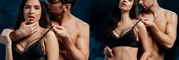 Collage de hombre sin camisa besando y tocando sujetador de mujer sexy sobre fondo negro con humo - foto de stock