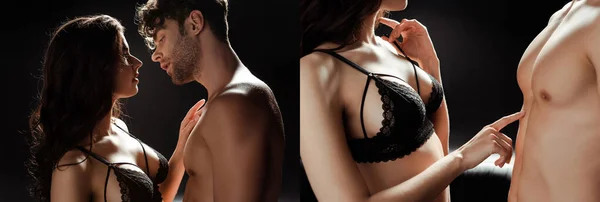 Колаж спокусливої жінки в мереживному бюстгальтері, який торкається без сорочки чоловіка на чорному тлі — стокове фото