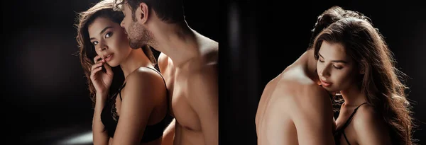 Collage de belle femme en soutien-gorge debout près de l'homme torse nu sur fond noir — Photo de stock