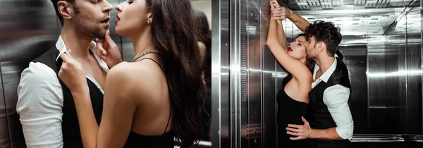 Collage di bell'uomo baciare e toccare donna sexy in ascensore — Foto stock